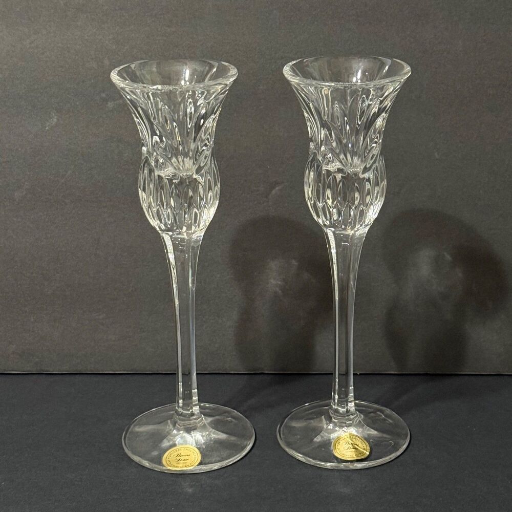 2 Princess House Crystal Tulip-topped Taper Candlestick Holder Long Stem Germany